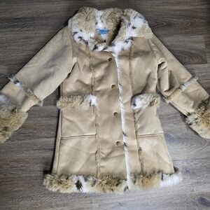 Copper Key Girls XL 14/16 Tan Faux Suede Fur Trim Penny Lane Shearling Coat